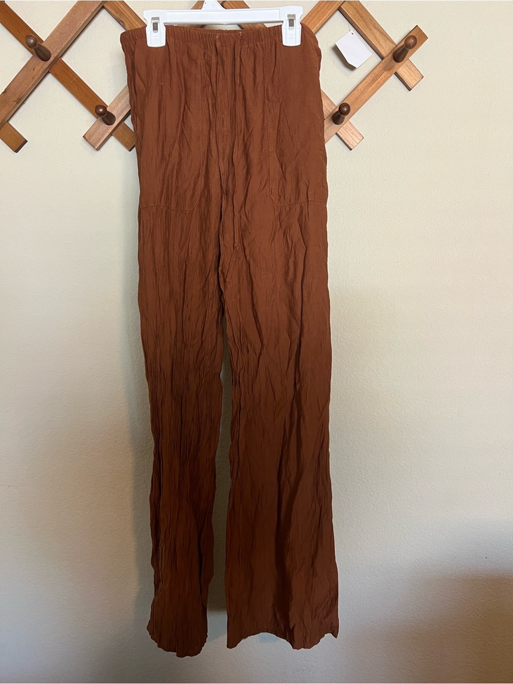 Zara Copper-Brown Crinkled Wide-Leg Pants